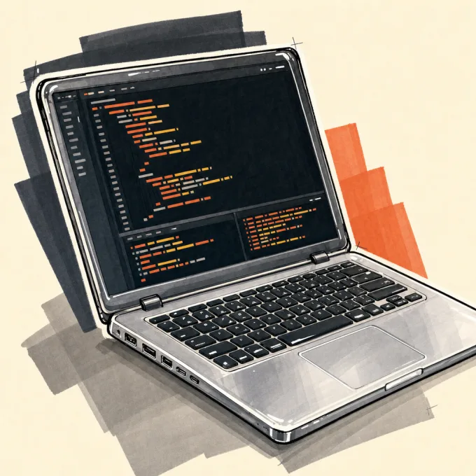 Marker illustration of a developer laptop with warm syntax highlighting
