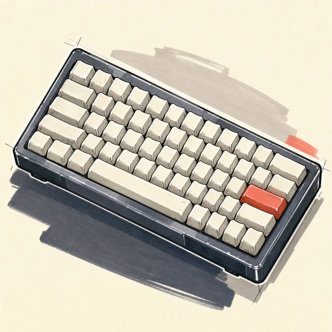 Marker illustration of a graphite mechanical keyboard with ivory keys and one coral key